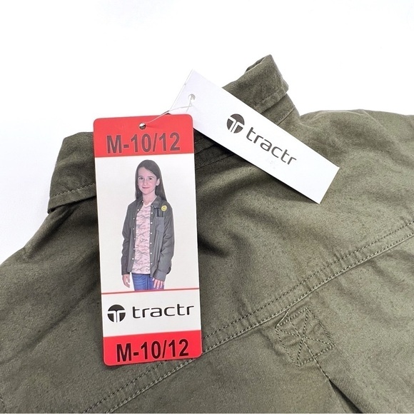 Tractr Girls Medium Long Sleeve Shirt Set Army Green Button Up Pink Tee New NWT - Picture 5 of 10